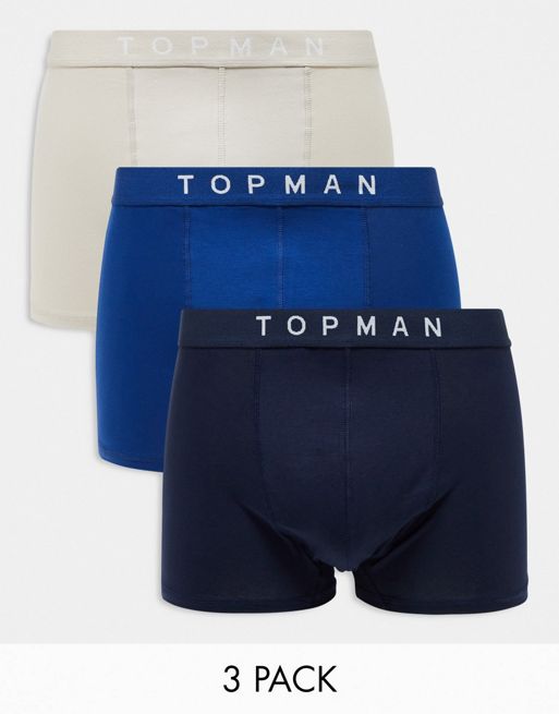 Topman 3 pack trunks in navy, blue and stone with coloured waistbands
