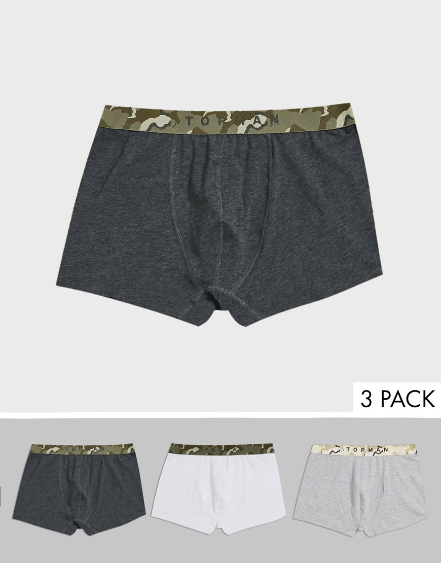 Topman 3 pack underwear in black grey and white with camo band-Multi