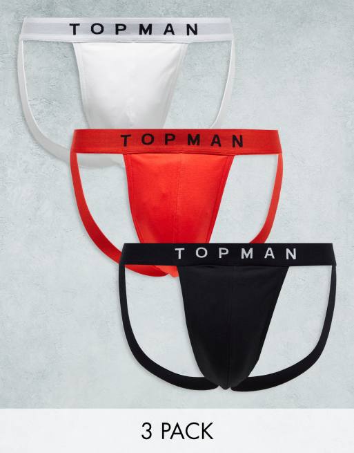 Topman – 3er-Pack Jockstraps in Schwarz, Weiß und Rot mit farbigem Bund