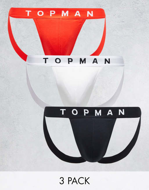 Topman – 3er-Pack Jockstraps in Weiß, Schwarz und Rot mit weißem Bund