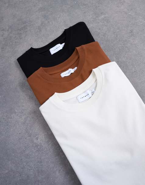 Topman – 3er-Pack klassische T-Shirts in Schwarz, Braun und Ecru - view 1