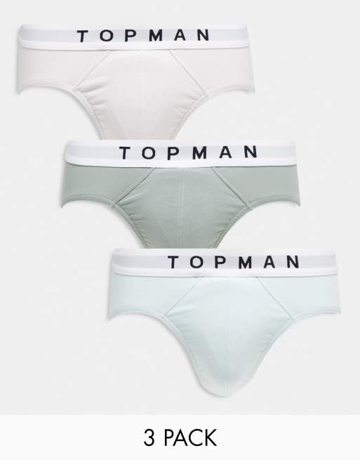 Topman – 3er-Pack Slips in Grau, Blau und Salbeigrün mit weißem Taillenbund