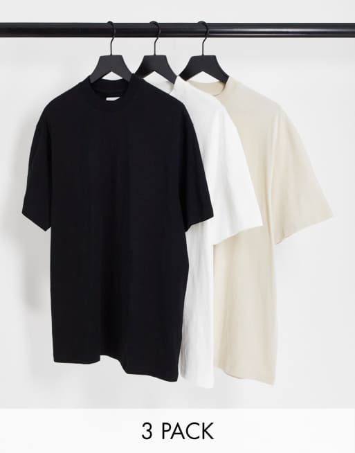 Topman – 3er-Pack T-Shirts in Weiß, Schwarz und Steinbeige mit Oversize-Schnitt