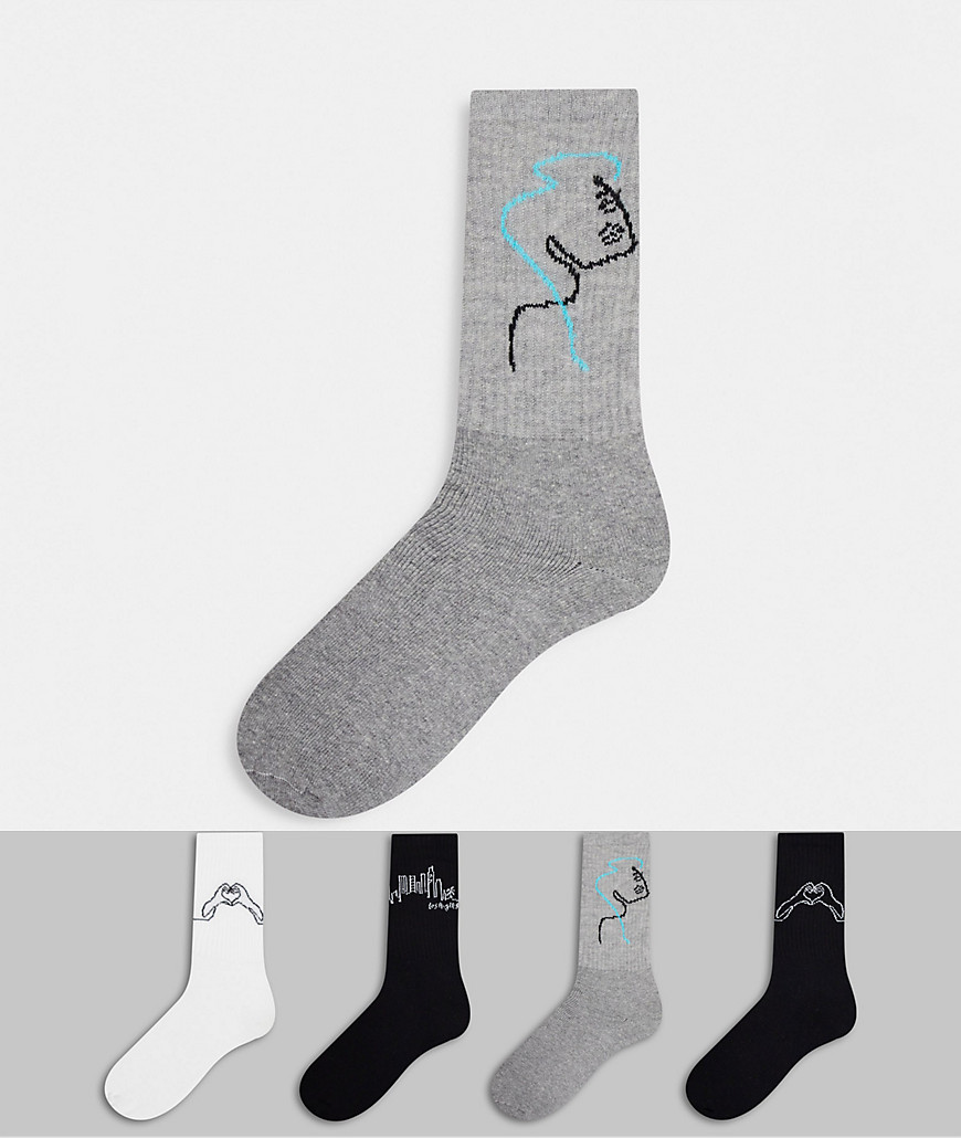 Topman 4-pack sketch print socks in black-Multi
