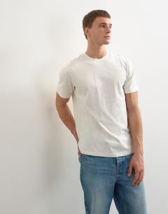 Model wearing 5 pack classic fit t-shirt in black, charcoal, ecru, khaki and burgundy