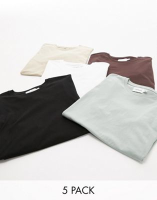 Topman 5 pack classic fit t-shirt in black, white, brown, stone and sage