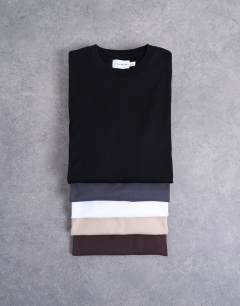 Model wearing 5 pack classic fit t-shirt in black, white, charcoal, chocolate and stone 