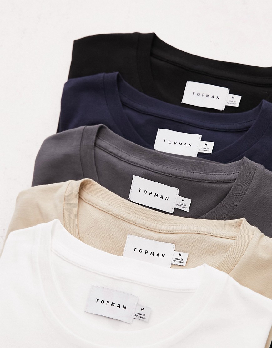 Topman 5 pack classic fit t-shirt in black, white, grey, stone and navy-Multi