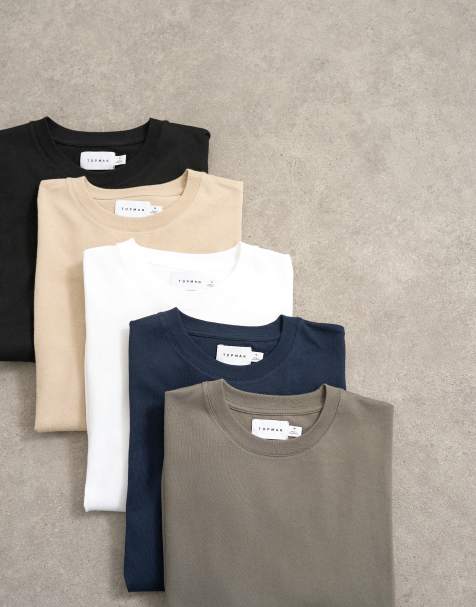 Topman 5 pack classic fit t-shirt in black, white, navy, olive and stone - view 1