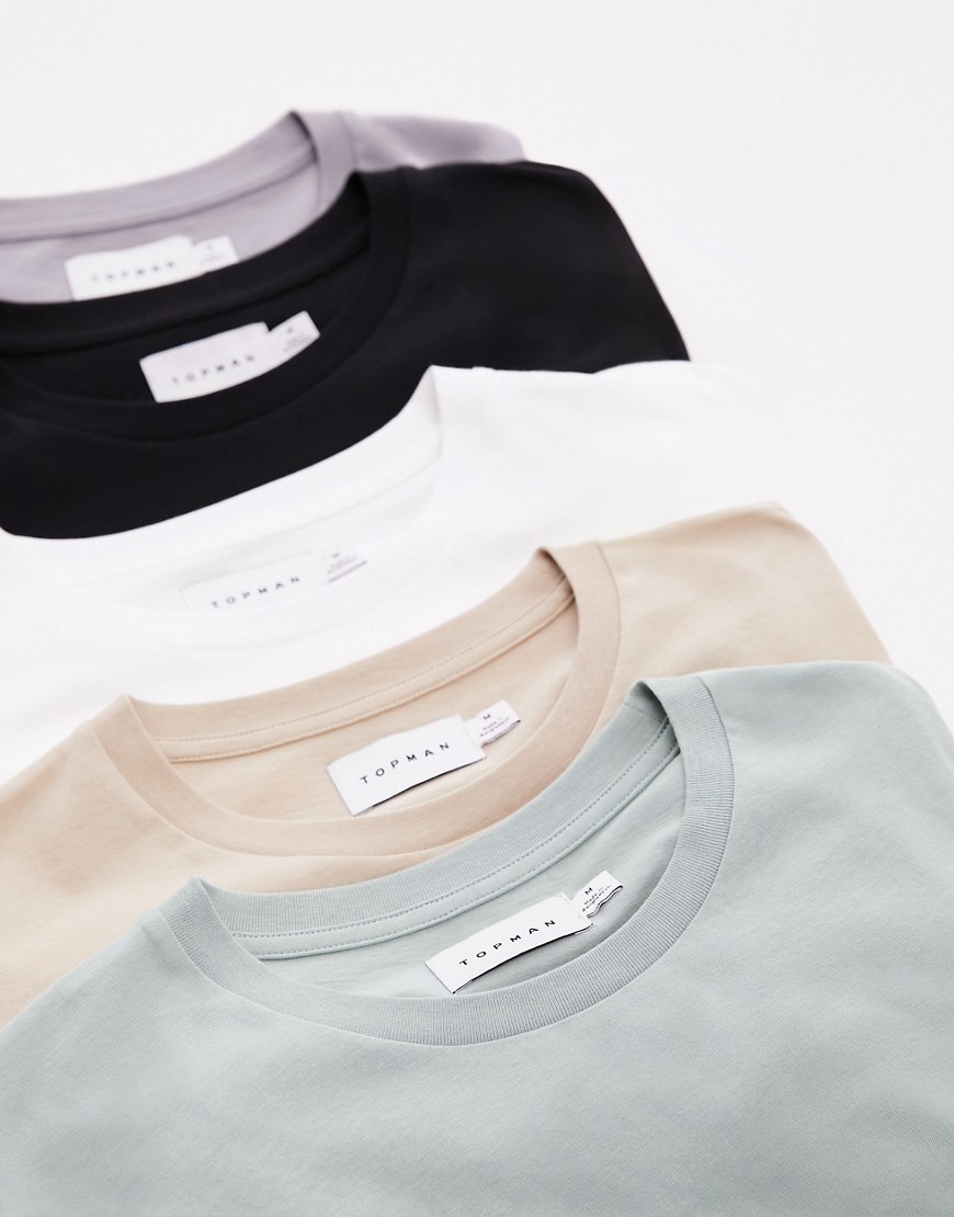 Topman 5 pack classic fit t-shirt in black, white, stone, grey and sage-Multi