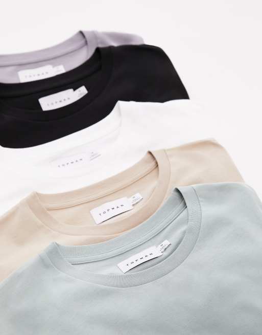 Topman 5 pack classic fit t-shirt in black, white, stone, grey and sage