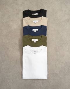 Model wearing 5 pack classic fit t-shirt in black, white, stone, navy and khaki