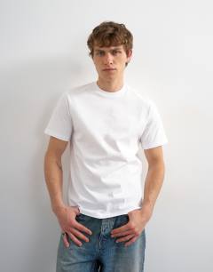 Model wearing 5 pack classic fit t-shirt in navy, ecru, pink, brown and blue