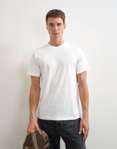 Model wearing 5 pack classic fit t-shirt in white, black and stone