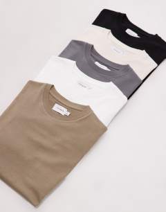 Model wearing 5 pack classic fit t-shirt in white, ecru, khaki, charcoal and black