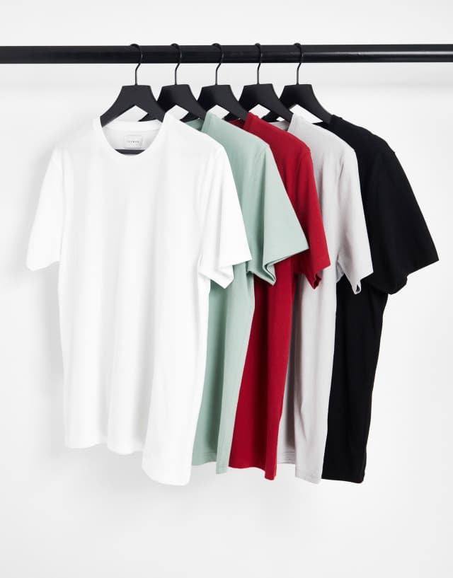 Topman 5 pack classic t-shirt in white black gray burgundy and sage