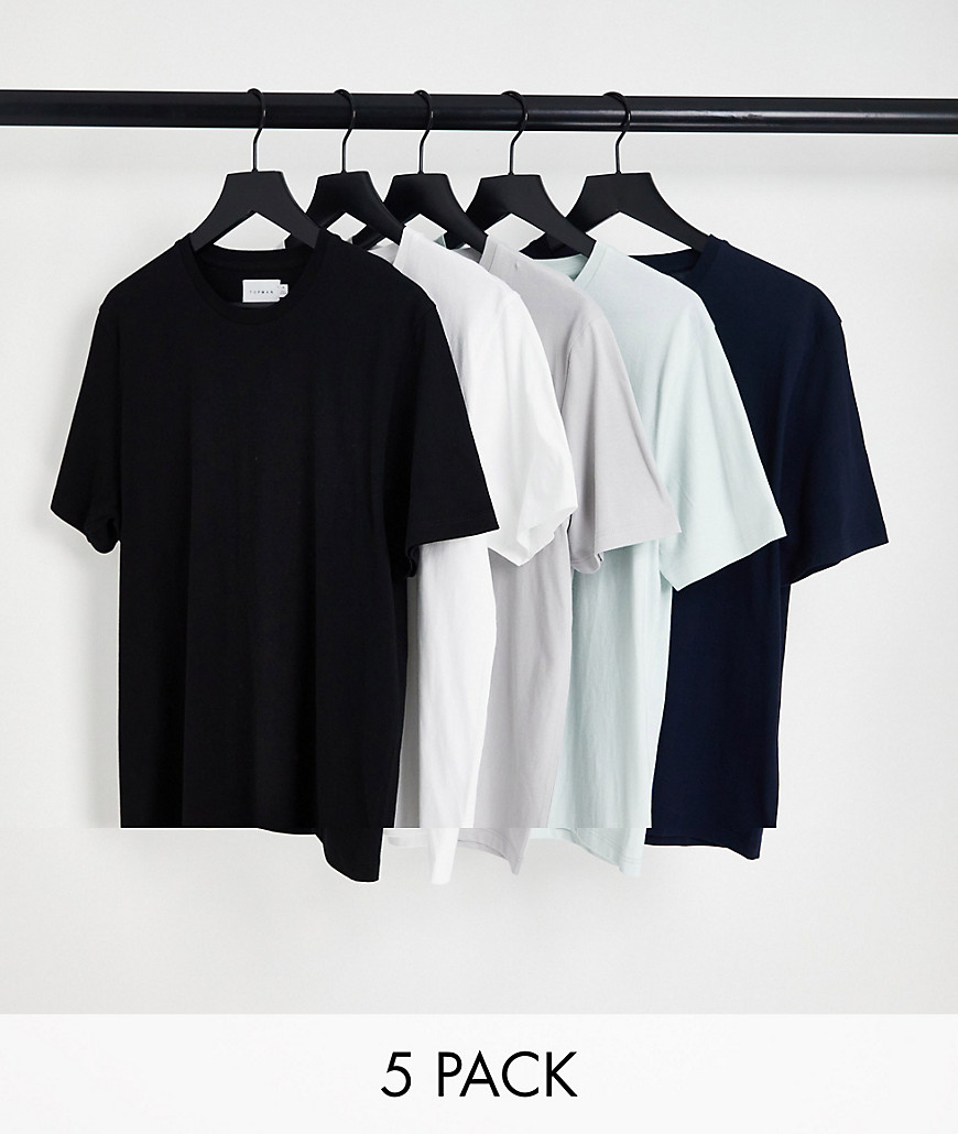 Topman 5 Pack Classic T-Shirt In White Black Grey Light Blue And Navy - Multi