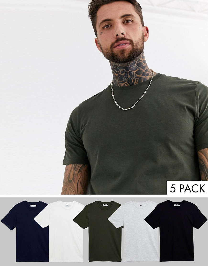 Topman 5 pack crew neck t-shirts in black white grey khaki & navy-Mat