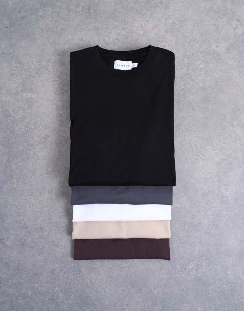 Topman 5 pack of classic fit t-shirts in black, white, charcoal, chocolate and stone - view 1