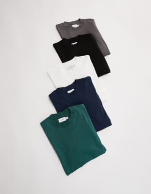 5 pack oversized fit T-shirt in black, white, gray, navy and dark green-Multi