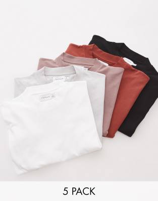 5 pack oversized T-shirt in black, white, gray, brown and rust-Multi