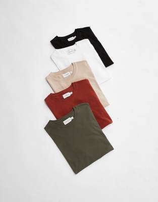 5 pack regular fit T-shirt in black, white, stone, khaki and burgundy-Multi