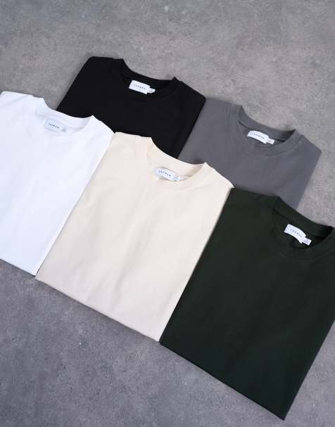 Topman 5 pack relaxed t-shirts in black, white, ecru, dark green and charcoal - view 1
