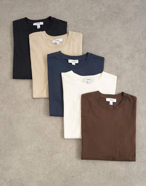 Topman 5-pack T-shirt met classic fit in navy, ecru, bruin, stone en zwart - view 1