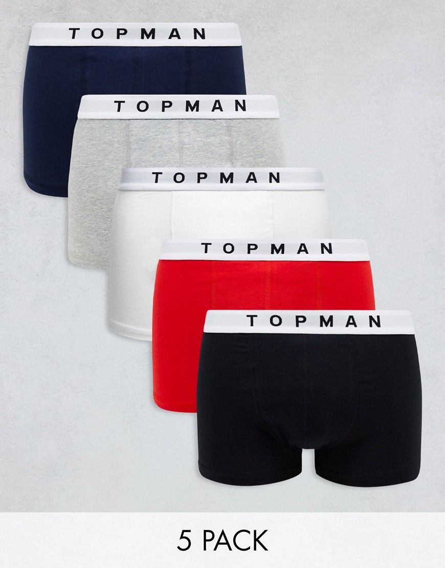 Topman 5 Pack Trunks In Black, Gray Heather, Navy, White And Red-multi