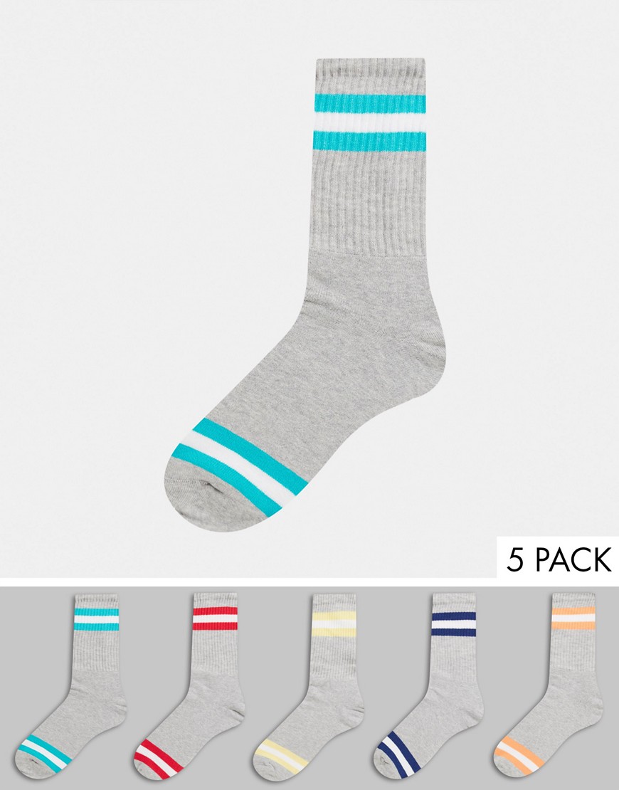 Topman 5 pack tube socks in grey with double stripe-Multi