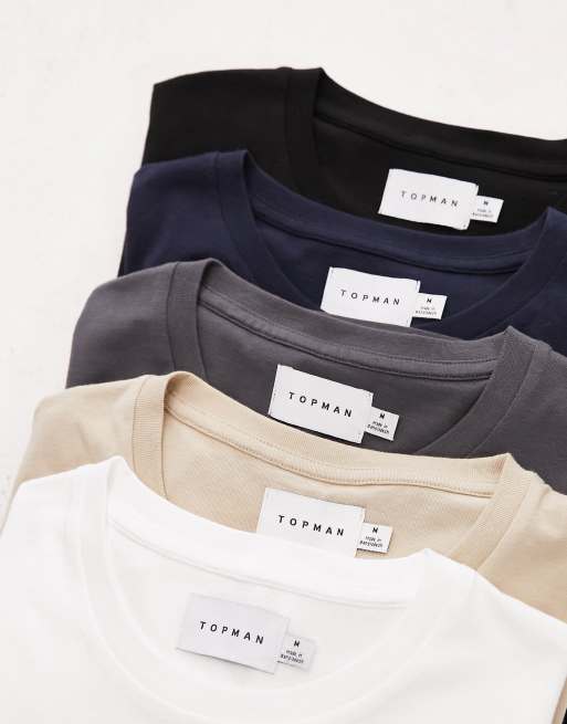 Topman – 5er-Pack klassische T-Shirts in Schwarz, Weiß, Grau, Stone und Marineblau
