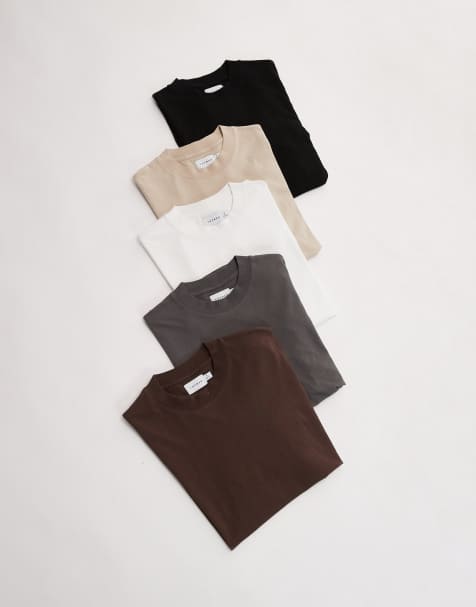Topman – 5er-Pack Relaxed-Fit-T-Shirts in Schwarz. Weiß, Grau, Steinbeige und Braun - view 1
