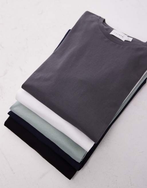 Topman – 5er-Pack T-Shirts in Schwarz, Weiß, Marineblau, Anthrazit und Salbeigrün in regulärer Passform