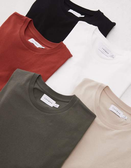 Topman – 5er-Pack T-Shirts in Schwarz, Weiß, Steinbeige, Khaki und Burgunderrot in regulärer Passform