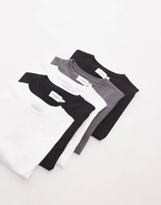 Topman – 5er-Pack T-Shirts in Weiß, Schwarz und Anthrazit in regulärer Passform