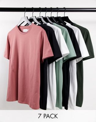 Topman 7 pack classic t-shirt in white, black, green and burgundy - MULTI