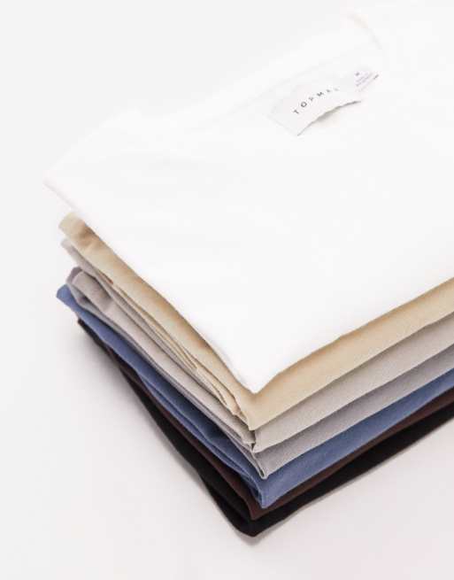 Topman 7 pack regular t-shirt in black, white, grey, brown, stone, mink and blue