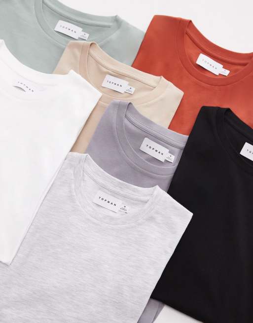 Topman 7 pack regular t-shirt in black, white, sage, stone, gray, rust and ice gray heather