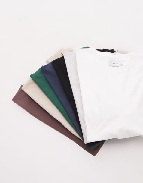 Topman 7 pack regular t-shirt in black, white, stone, brown, charcoal, navy and  green - view 1