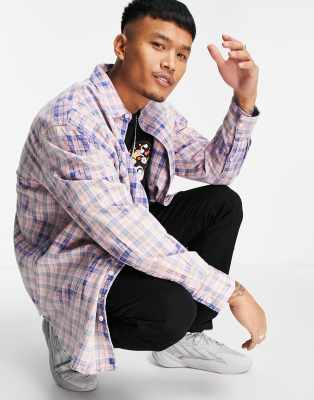 Topman 90s oversized bleached check shirt in pink - ASOS Price Checker