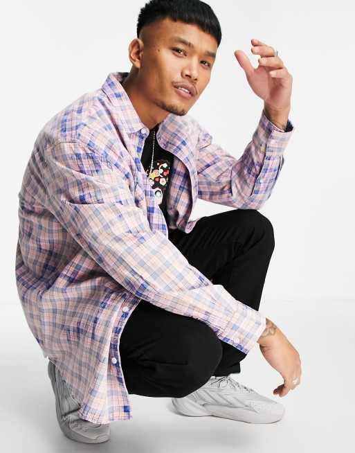Topman 90's oversized bleached check shirt in pink