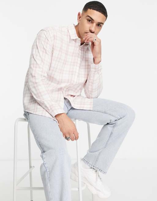 Topman 90's oversized check shirt in off white and pink