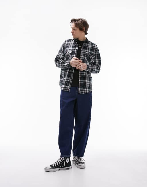 Topman 90's oversized check shirt with denim contrast collar in black 