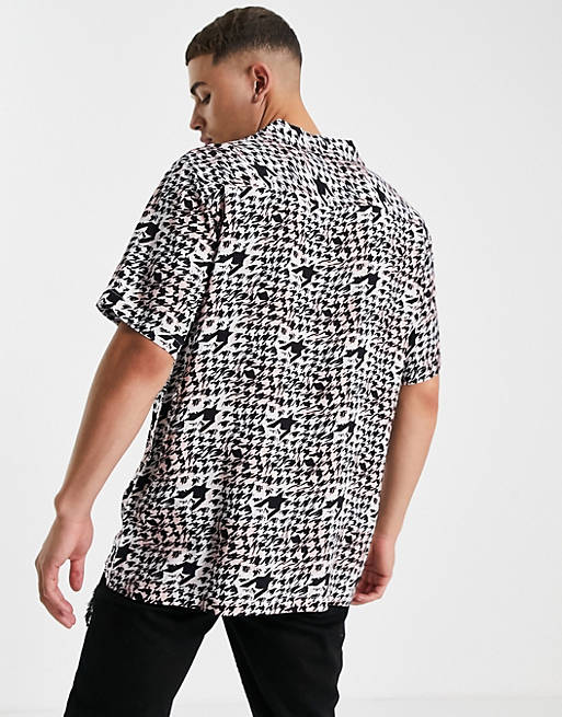  Topman abstract dogtooth shirt with pink in monochrome 