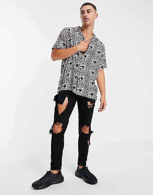  Topman abstract dogtooth shirt with pink in monochrome 