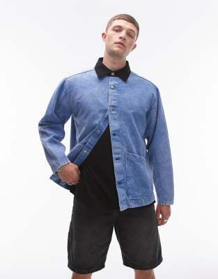 Topman Acid Wash Workwear Jacket With Contrast Collar-blue