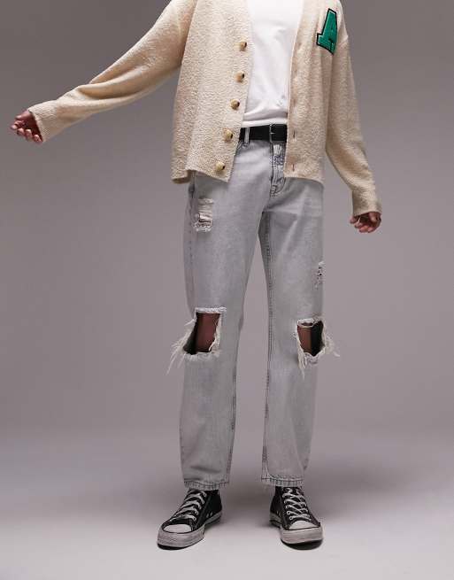 Topman - Afslappede jeans i bleget syrevask med flænger 