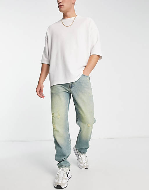Topman - Afslappede jeans med flænser i grøn vask