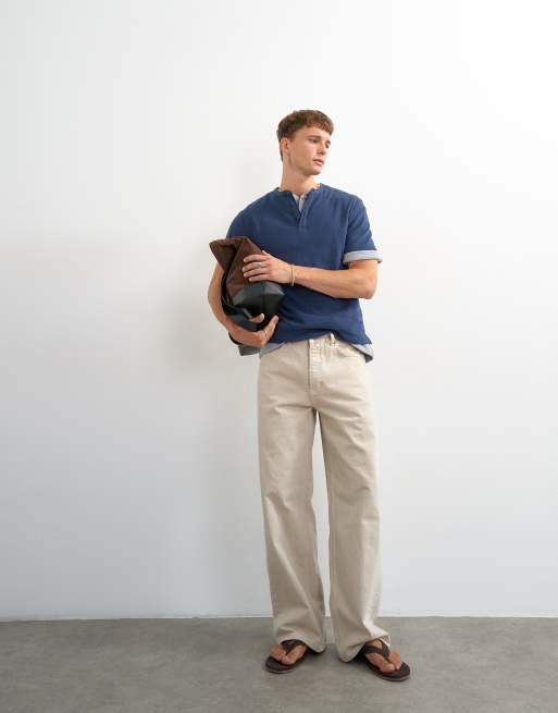 Topman afslappet fit henley-T-shirt i hørblanding i navy, 5 af 5