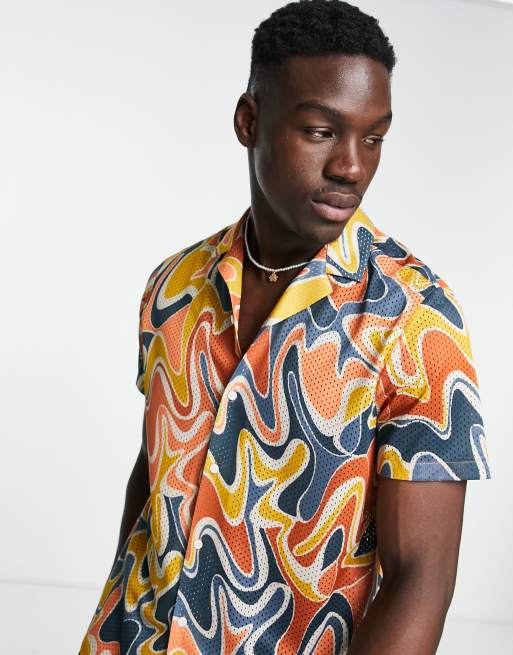 Topman – Airtex – Pomarańczowo-niebieska koszula w abstrakcyjny wzór 